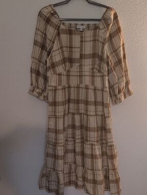 Plaid Tiered Midi Dress in Beige and Brown